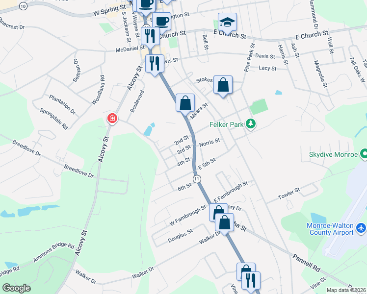 map of restaurants, bars, coffee shops, grocery stores, and more near 104 3rd Street in Monroe