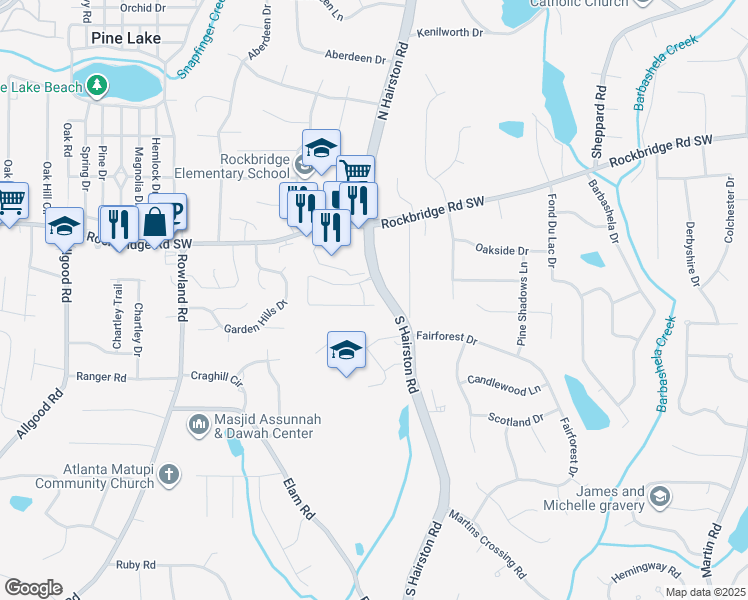 map of restaurants, bars, coffee shops, grocery stores, and more near 179 Walter Way in Stone Mountain