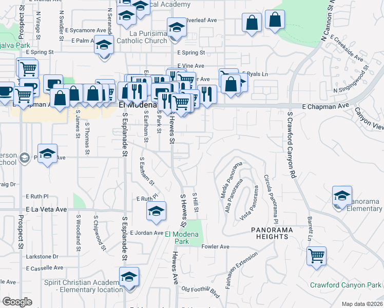 map of restaurants, bars, coffee shops, grocery stores, and more near 285 South Espanita Street in Orange
