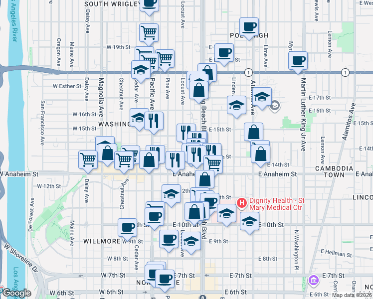 map of restaurants, bars, coffee shops, grocery stores, and more near 1450 Locust Avenue in Long Beach