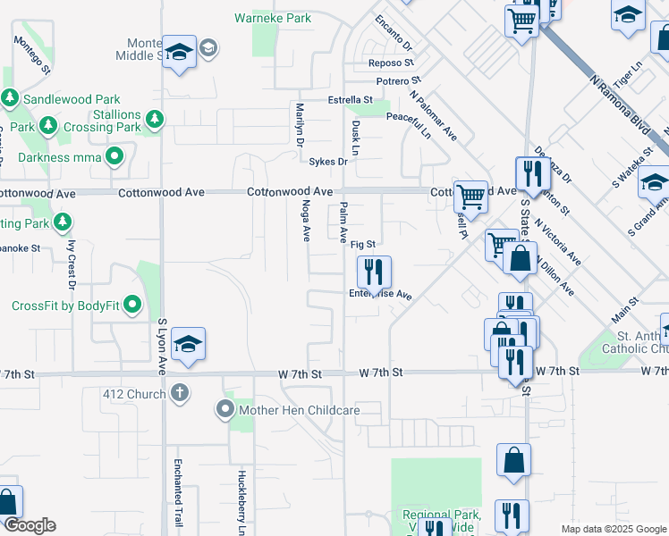 map of restaurants, bars, coffee shops, grocery stores, and more near 1125 Don Alberto Lane in San Jacinto