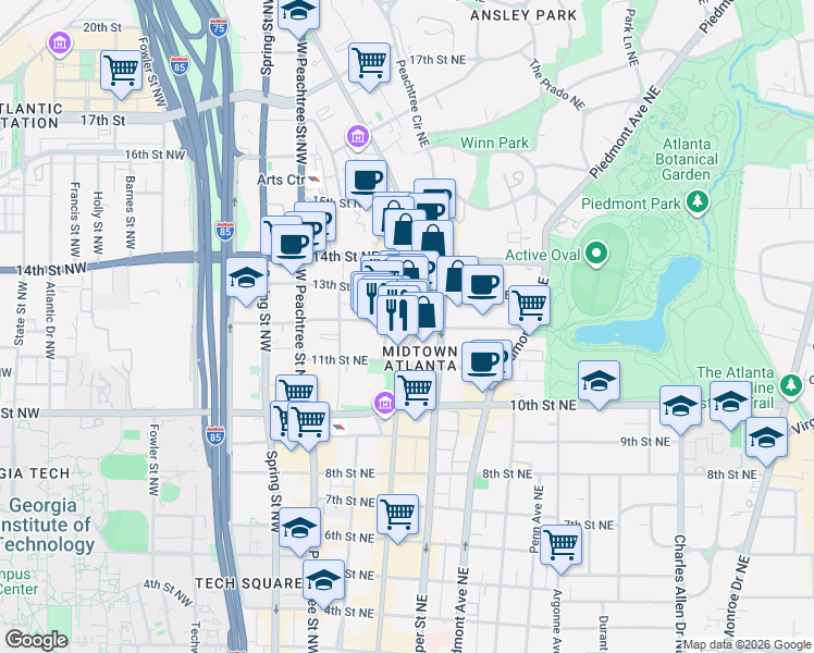 map of restaurants, bars, coffee shops, grocery stores, and more near 120 12th Street Northeast in Atlanta