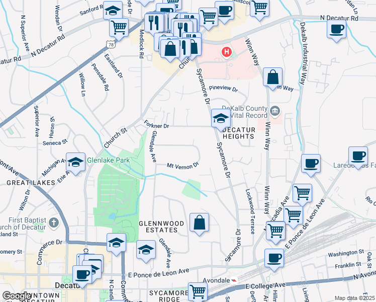 map of restaurants, bars, coffee shops, grocery stores, and more near 228 Mount Vernon Drive in Decatur
