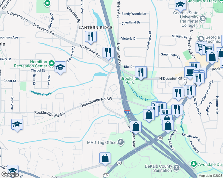 map of restaurants, bars, coffee shops, grocery stores, and more near 3548 Rockbridge Road Southwest in Avondale Estates