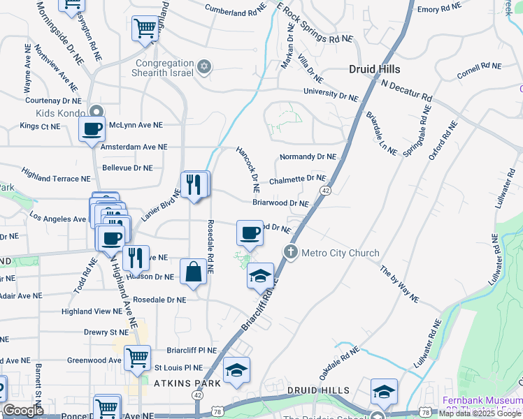 map of restaurants, bars, coffee shops, grocery stores, and more near 1307 Briarwood Dr NE in Atlanta