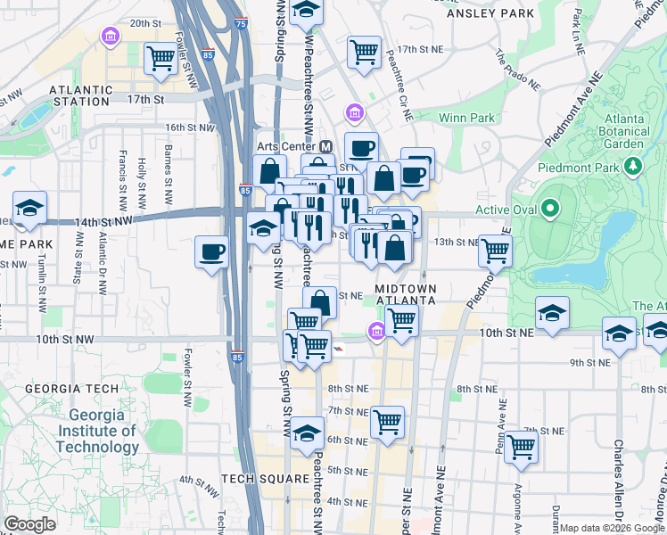 map of restaurants, bars, coffee shops, grocery stores, and more near 1075 Peachtree Walk Northeast in Atlanta