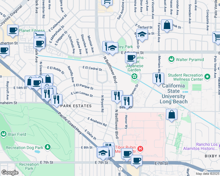 map of restaurants, bars, coffee shops, grocery stores, and more near 5631 East El Parque Street in Long Beach