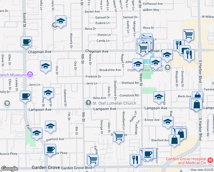 map of restaurants, bars, coffee shops, grocery stores, and more near 12285 Zeta Street in Garden Grove