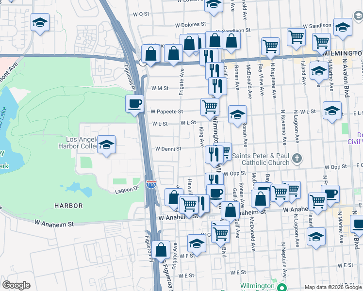map of restaurants, bars, coffee shops, grocery stores, and more near 1104 Frigate Avenue in Los Angeles