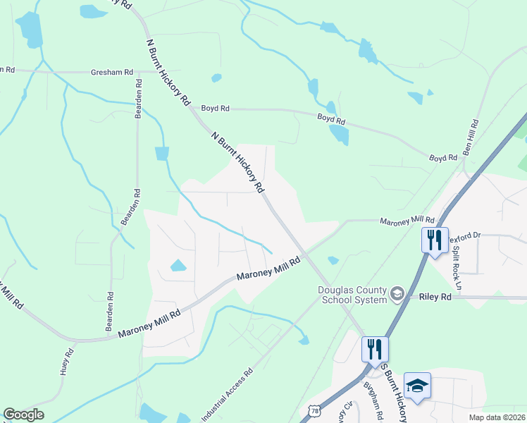 map of restaurants, bars, coffee shops, grocery stores, and more near 785 North Burnt Hickory Road in Douglasville