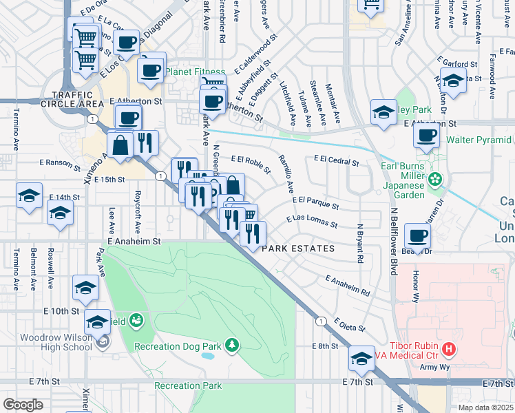 map of restaurants, bars, coffee shops, grocery stores, and more near 5300 East El Prado Avenue in Long Beach