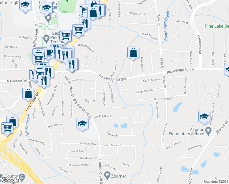 map of restaurants, bars, coffee shops, grocery stores, and more near 450 South Susan Creek Drive in Stone Mountain