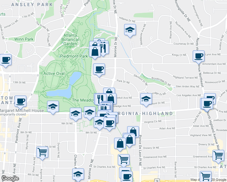 map of restaurants, bars, coffee shops, grocery stores, and more near 1095 Monroe Drive Northeast in Atlanta