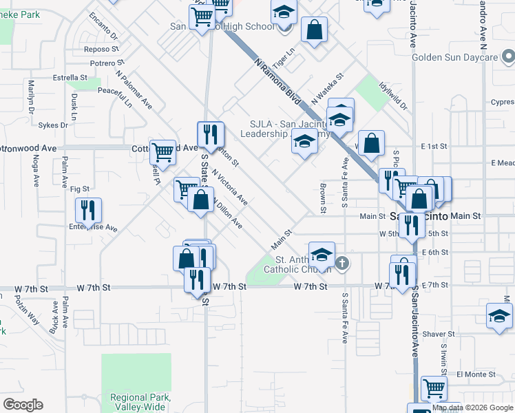 map of restaurants, bars, coffee shops, grocery stores, and more near 183 North Victoria Avenue in San Jacinto