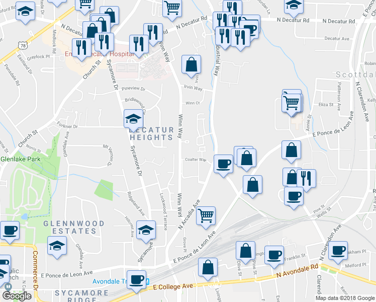 map of restaurants, bars, coffee shops, grocery stores, and more near 315 Winn Way in Decatur