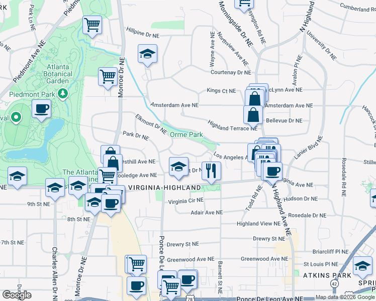 map of restaurants, bars, coffee shops, grocery stores, and more near 784 Crestridge Drive Northeast in Atlanta