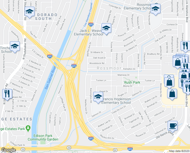 map of restaurants, bars, coffee shops, grocery stores, and more near 2662 Mainway Drive in Los Alamitos