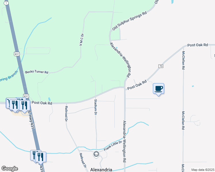map of restaurants, bars, coffee shops, grocery stores, and more near 731 Post Oak Road in Alexandria