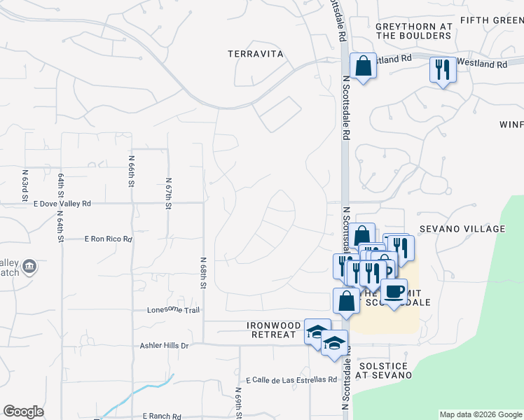 map of restaurants, bars, coffee shops, grocery stores, and more near 32892 North 69th Street in Scottsdale