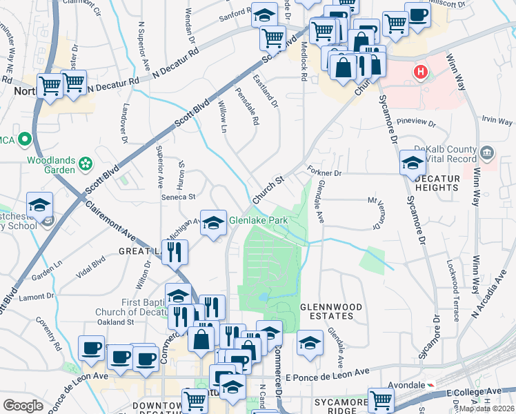 map of restaurants, bars, coffee shops, grocery stores, and more near 1175 Church Street in Decatur