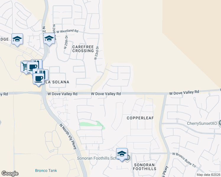 map of restaurants, bars, coffee shops, grocery stores, and more near 2213 West Apache Rain Road in Phoenix