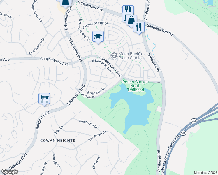 map of restaurants, bars, coffee shops, grocery stores, and more near 8118 East San Luis Drive in Orange