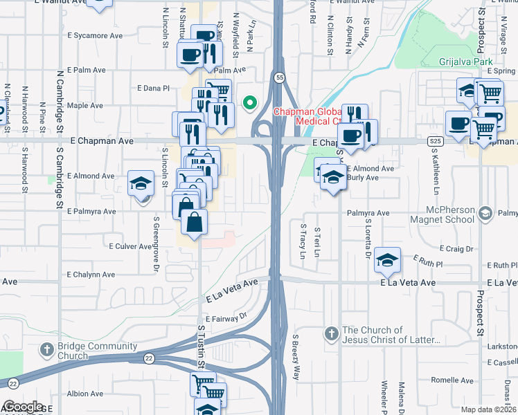 map of restaurants, bars, coffee shops, grocery stores, and more near 2001 East Palmyra Avenue in Orange