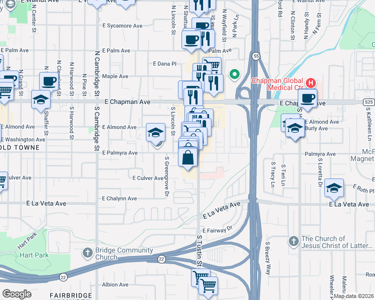 map of restaurants, bars, coffee shops, grocery stores, and more near 1545 East Palmyra Avenue in Orange