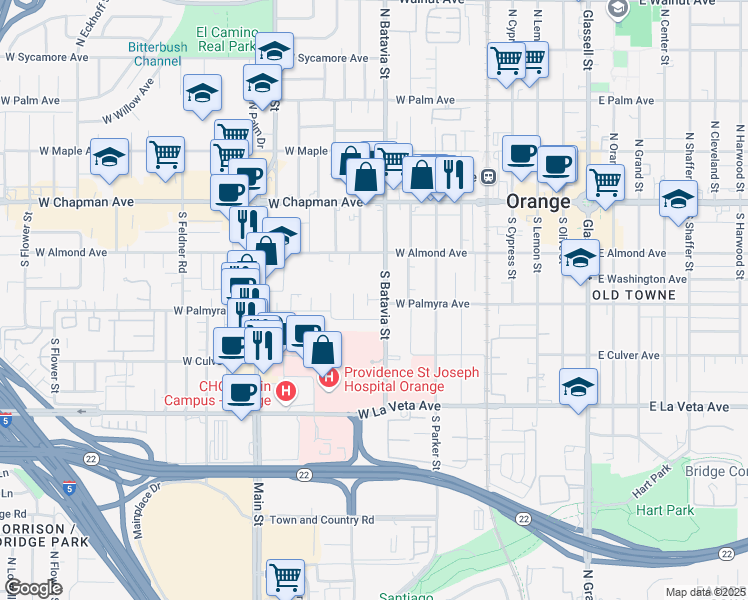 map of restaurants, bars, coffee shops, grocery stores, and more near 286 South Batavia Street in Orange
