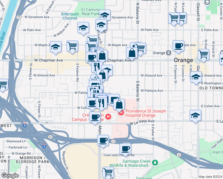 map of restaurants, bars, coffee shops, grocery stores, and more near 1213 West Palmyra Avenue in Orange