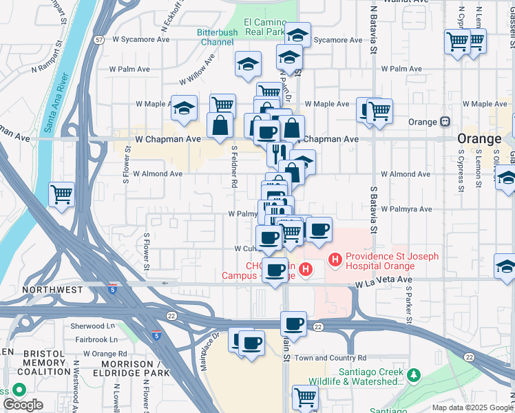 map of restaurants, bars, coffee shops, grocery stores, and more near 1475 West Palmyra Avenue in Orange
