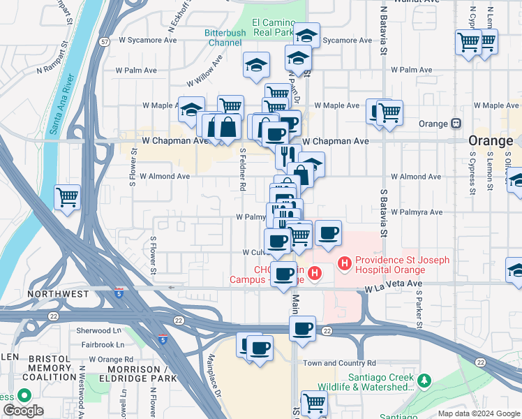 map of restaurants, bars, coffee shops, grocery stores, and more near 1619 West Palmyra Avenue in Orange