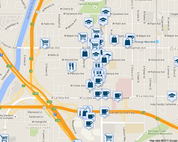 map of restaurants, bars, coffee shops, grocery stores, and more near 1619 West Palmyra Avenue in Orange