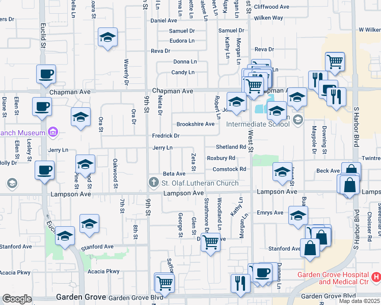 map of restaurants, bars, coffee shops, grocery stores, and more near 12282 Zeta Street in Garden Grove