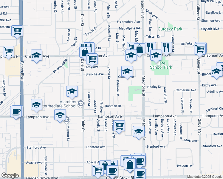 map of restaurants, bars, coffee shops, grocery stores, and more near 12251 Ditmore Drive in Garden Grove