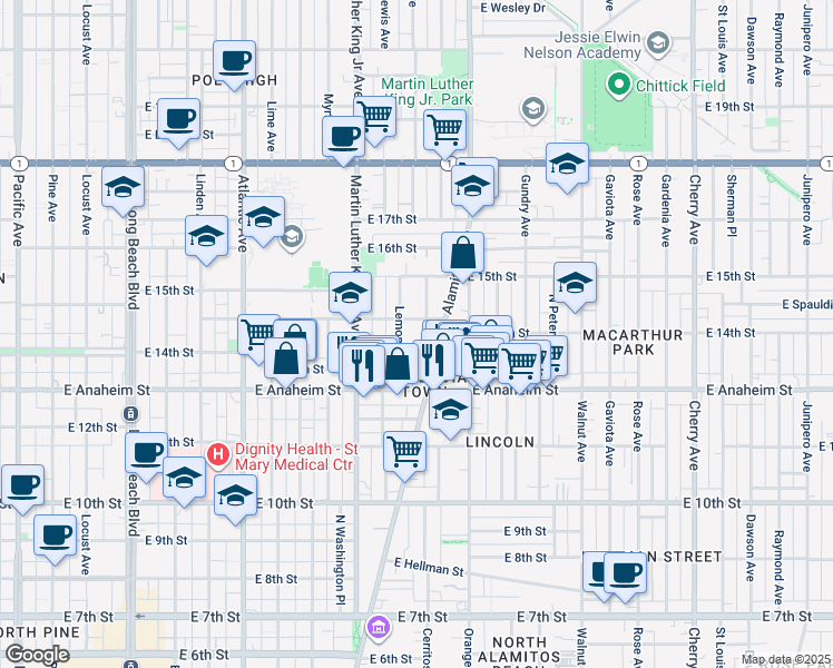 map of restaurants, bars, coffee shops, grocery stores, and more near 1150 East New York Street in Long Beach