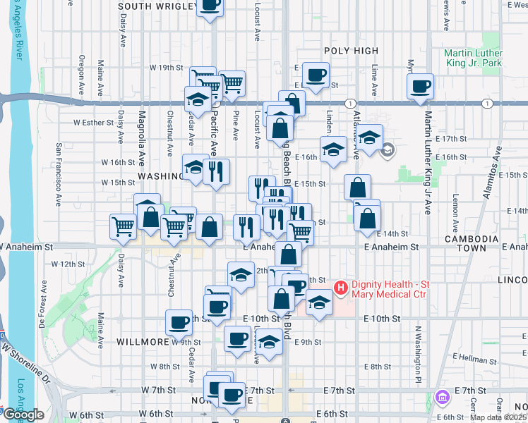 map of restaurants, bars, coffee shops, grocery stores, and more near 1421 Locust Avenue in Long Beach