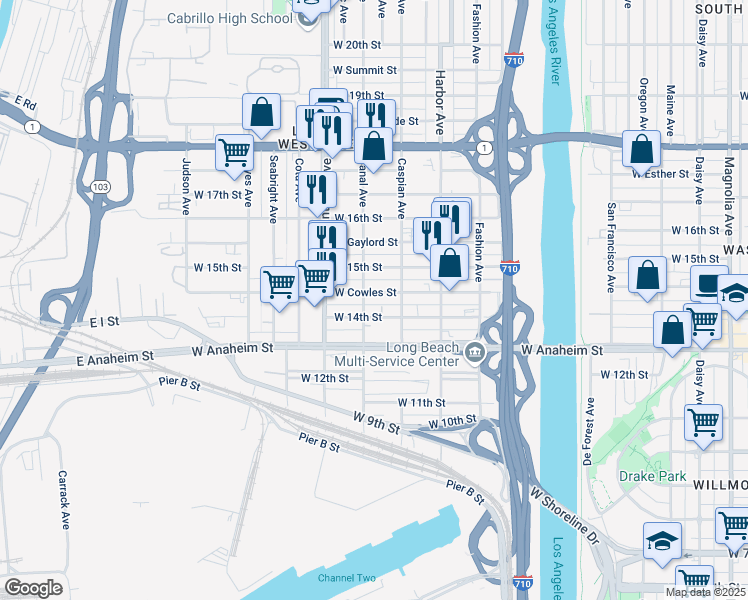 map of restaurants, bars, coffee shops, grocery stores, and more near 1550 West Cowles Street in Long Beach