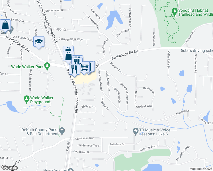 map of restaurants, bars, coffee shops, grocery stores, and more near 473 Maid Marion Lane in Stone Mountain