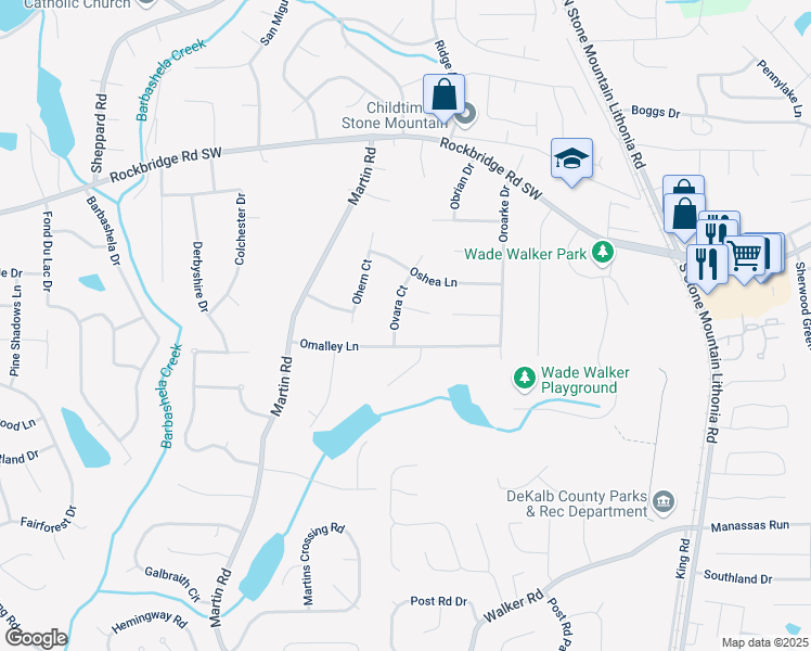 map of restaurants, bars, coffee shops, grocery stores, and more near 470 Ovara Court in Stone Mountain