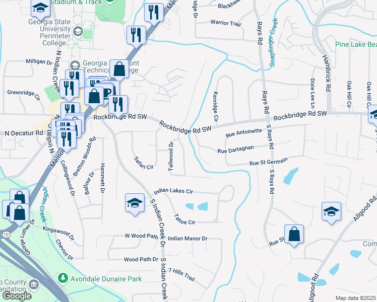 map of restaurants, bars, coffee shops, grocery stores, and more near 450 South Susan Creek Drive in Stone Mountain