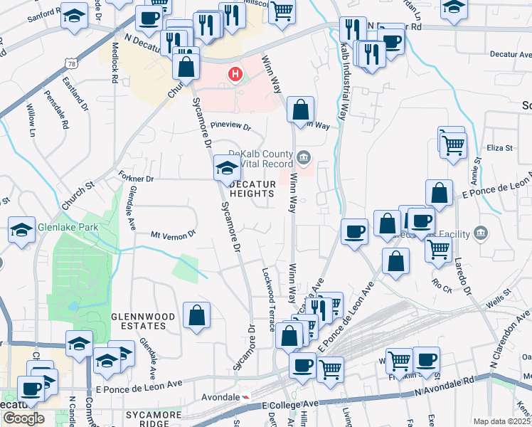 map of restaurants, bars, coffee shops, grocery stores, and more near 404 Bridlewood Circle in Decatur