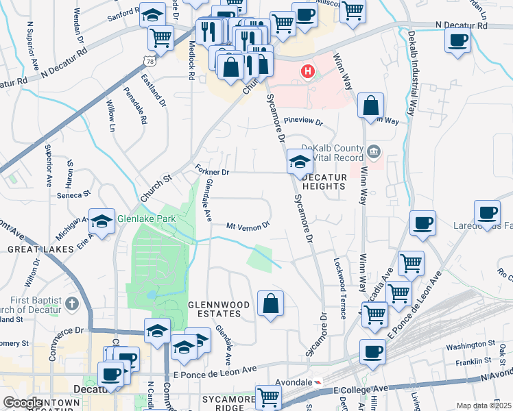 map of restaurants, bars, coffee shops, grocery stores, and more near 228 Mount Vernon Drive in Decatur