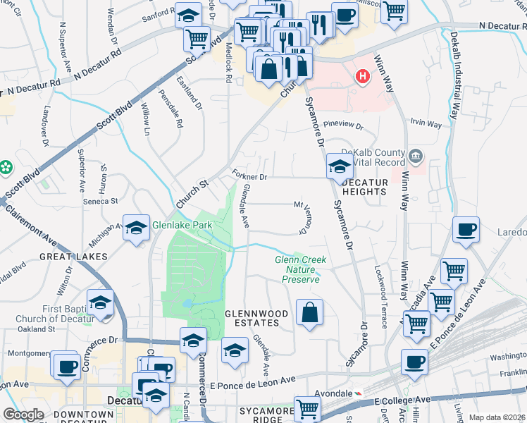 map of restaurants, bars, coffee shops, grocery stores, and more near 260 Mount Vernon Drive in Decatur