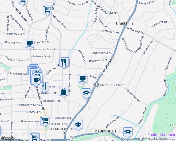 map of restaurants, bars, coffee shops, grocery stores, and more near 1307 Briarwood Drive Northeast in Atlanta