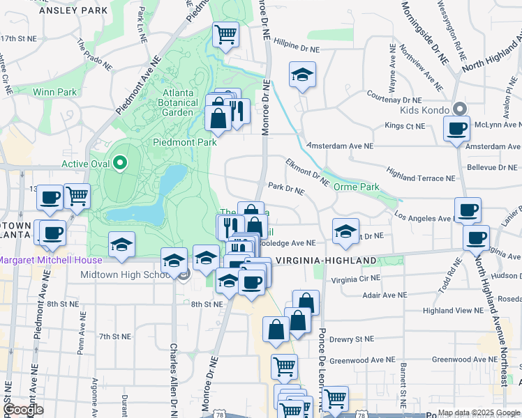 map of restaurants, bars, coffee shops, grocery stores, and more near 1095 Monroe Drive Northeast in Atlanta