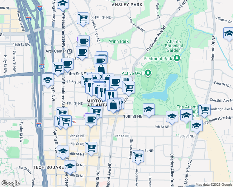 map of restaurants, bars, coffee shops, grocery stores, and more near 222 12th Street Northeast in Atlanta