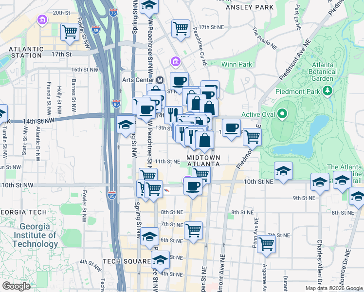 map of restaurants, bars, coffee shops, grocery stores, and more near 72 12th Street Northeast in Atlanta