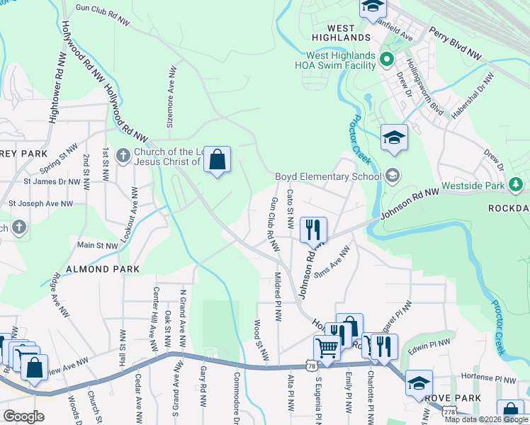 map of restaurants, bars, coffee shops, grocery stores, and more near 1074 Gun Club Road Northwest in Atlanta