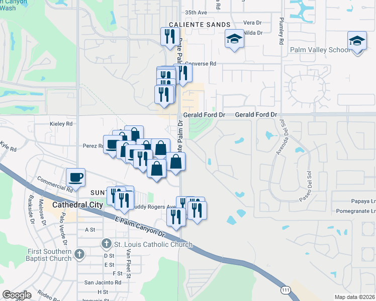 map of restaurants, bars, coffee shops, grocery stores, and more near 154 Estrada Way in Cathedral City